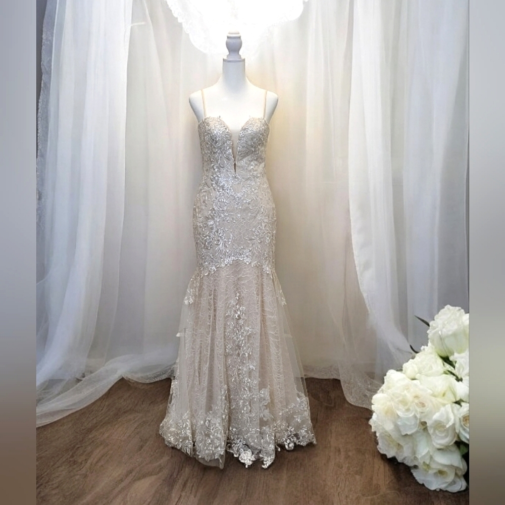 Lulus Gorgeous Luxe Trumpet Nude Cream and Silver Embroidered Lace Maxi Dress